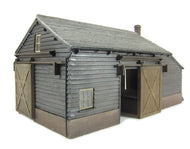 44-113 BACHMANN Wooden Goods Shed - missing one of the posable green doors, Pre-owned - BOXED