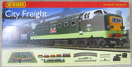 R1092 HORNBY CITY FREIGHT SET: Class 55, 3 open wagons, 1x Vent van, 1 x brake van complete with Canadian approved Power supply  - BOXED