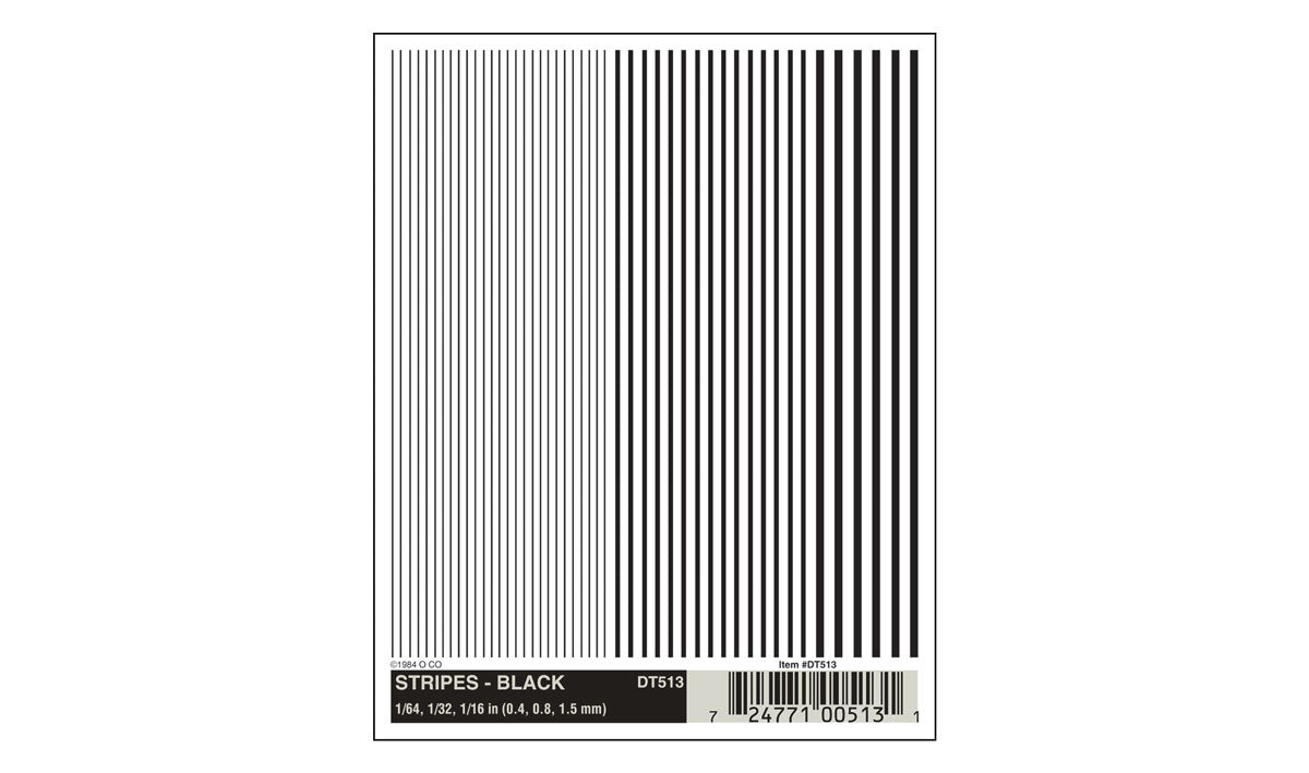 DT513 WOODLAND SCENICS.  Black stripes: 1/64, 1/32, 1/16 (Pack B)