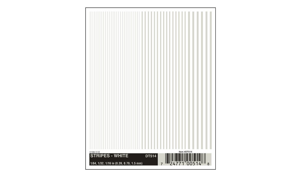 DT514 WOODLAND SCENICS. White stripes: 1/64, 1/32, 1/16 (Pack B)
