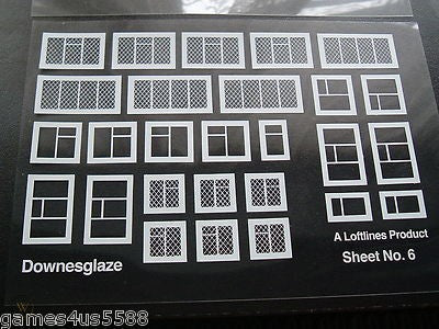 DG6 DOWNSGLAZE  Sheet # 6 assorted white window frames on clear acetate (00 gauge)
