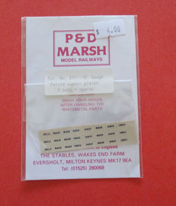 E01 P&D MARSH Period License plates (8 sets plus spares) - N Gauge