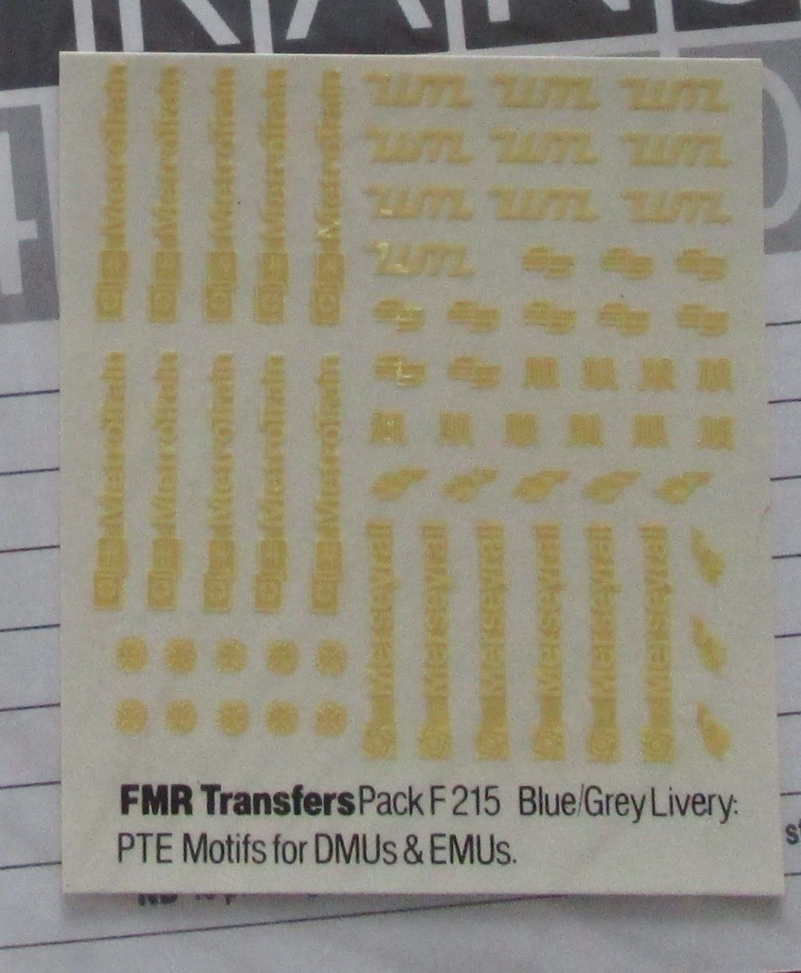 F215 FMR TRANSFERS Blue/grey Livery: English PTE motifs for DMUs amd EMUs