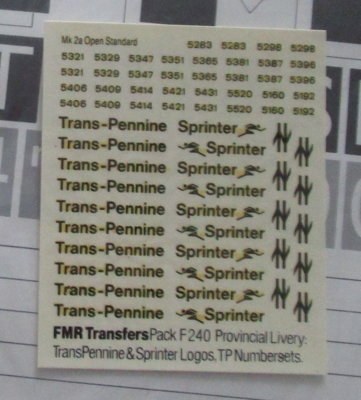 F240 FMR TRANSFERS Provincial Livery: TransPennine & Sprinter logos, TransPennine numbersets