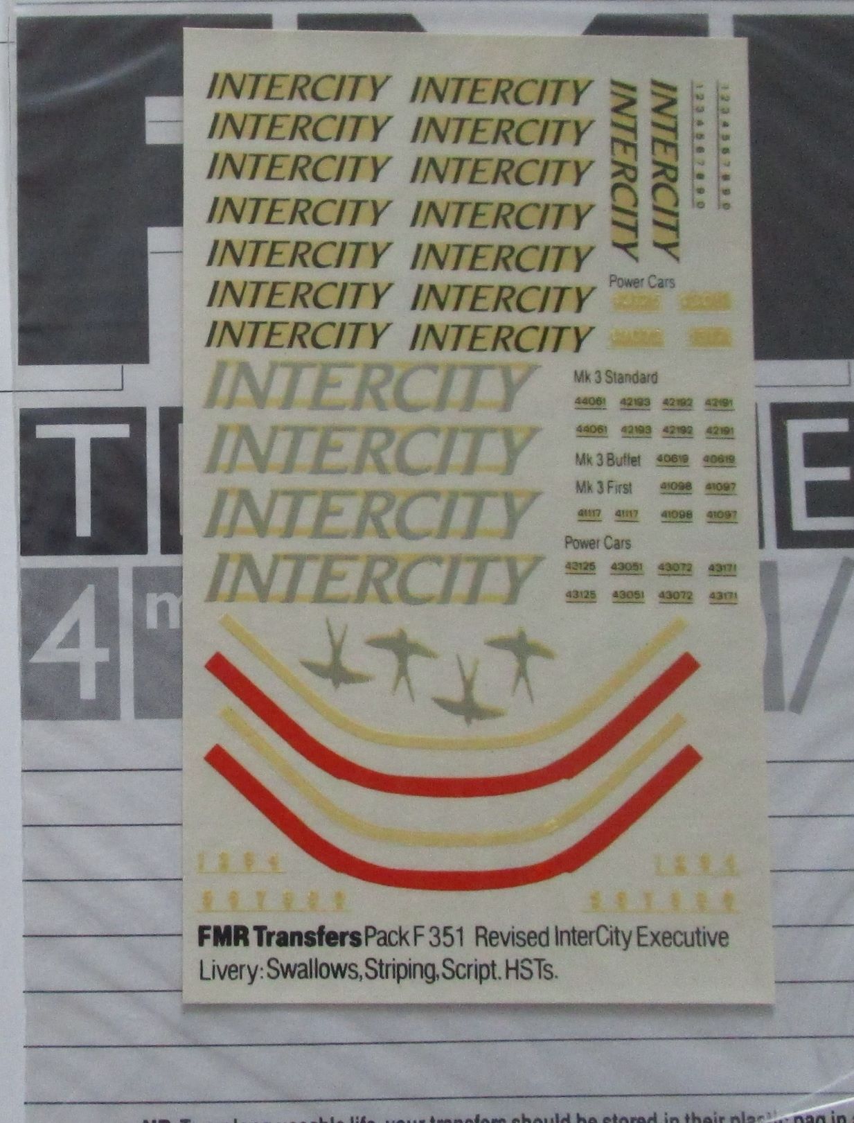 F351 FMR TRANSFERS Rev InterCity Exec Livery: Swallows, script, numberseys, nose stripping HST, numberset for HST coaches